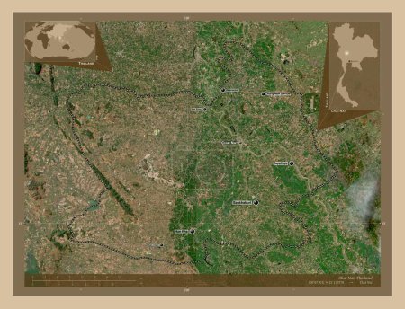 Foto de Chai Nat, provincia de Tailandia. Mapa satelital de baja resolución. Ubicaciones y nombres de las principales ciudades de la región. Mapas de ubicación auxiliares de esquina - Imagen libre de derechos