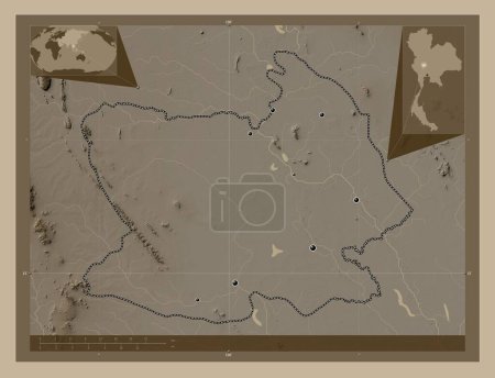 Photo for Chai Nat, province of Thailand. Elevation map colored in sepia tones with lakes and rivers. Locations of major cities of the region. Corner auxiliary location maps - Royalty Free Image