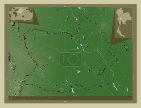 Foto de Chai Nat, provincia de Tailandia. Mapa de elevación coloreado en estilo wiki con lagos y ríos. Ubicaciones de las principales ciudades de la región. Mapas de ubicación auxiliares de esquina - Imagen libre de derechos
