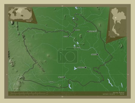 Foto de Chai Nat, provincia de Tailandia. Mapa de elevación coloreado en estilo wiki con lagos y ríos. Ubicaciones y nombres de las principales ciudades de la región. Mapas de ubicación auxiliares de esquina - Imagen libre de derechos