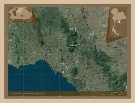 Foto de Chanthaburi, province of Thailand. Low resolution satellite map. Locations and names of major cities of the region. Corner auxiliary location maps - Imagen libre de derechos