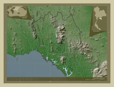 Foto de Chanthaburi, provincia de Tailandia. Mapa de elevación coloreado en estilo wiki con lagos y ríos. Ubicaciones y nombres de las principales ciudades de la región. Mapas de ubicación auxiliares de esquina - Imagen libre de derechos
