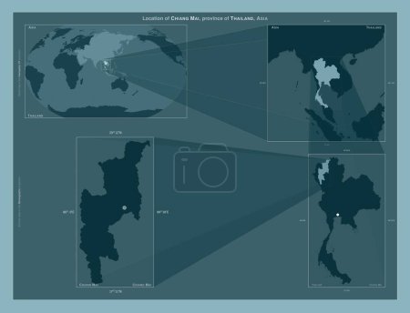 Photo for Chiang Mai, province of Thailand. Diagram showing the location of the region on larger-scale maps. Composition of vector frames and PNG shapes on a solid background - Royalty Free Image