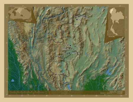 Téléchargez les photos : Chiang Mai, province of Thailand. Colored elevation map with lakes and rivers. Locations and names of major cities of the region. Corner auxiliary location maps - en image libre de droit