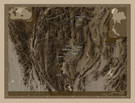 Photo for Chiang Mai, province of Thailand. Elevation map colored in sepia tones with lakes and rivers. Locations and names of major cities of the region. Corner auxiliary location maps - Royalty Free Image