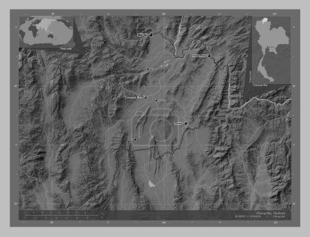 Foto de Chiang Rai, province of Thailand. Grayscale elevation map with lakes and rivers. Locations and names of major cities of the region. Corner auxiliary location maps - Imagen libre de derechos