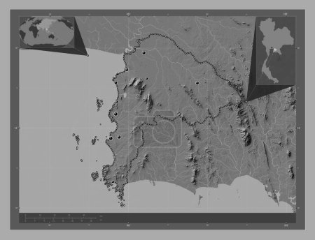 Téléchargez les photos : Chon Buri, province of Thailand. Bilevel elevation map with lakes and rivers. Locations of major cities of the region. Corner auxiliary location maps - en image libre de droit