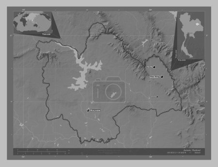Photo for Kalasin, province of Thailand. Grayscale elevation map with lakes and rivers. Locations and names of major cities of the region. Corner auxiliary location maps - Royalty Free Image