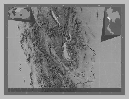 Photo for Kanchanaburi, province of Thailand. Grayscale elevation map with lakes and rivers. Locations of major cities of the region. Corner auxiliary location maps - Royalty Free Image