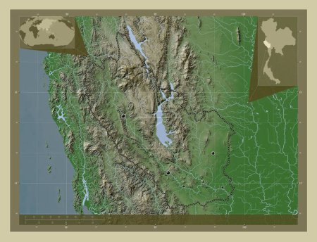 Téléchargez les photos : Kanchanaburi, province de Thaïlande. Carte d'altitude colorée dans le style wiki avec des lacs et des rivières. Emplacements des grandes villes de la région. Corner cartes de localisation auxiliaires - en image libre de droit