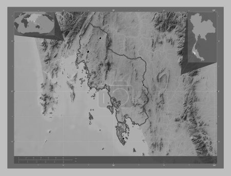 Photo for Krabi, province of Thailand. Grayscale elevation map with lakes and rivers. Locations of major cities of the region. Corner auxiliary location maps - Royalty Free Image
