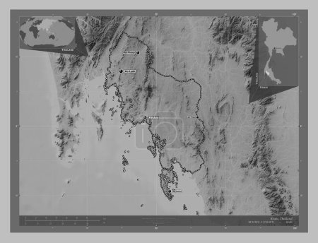 Photo for Krabi, province of Thailand. Grayscale elevation map with lakes and rivers. Locations and names of major cities of the region. Corner auxiliary location maps - Royalty Free Image