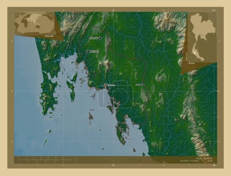 Photo for Krabi, province of Thailand. Colored elevation map with lakes and rivers. Locations and names of major cities of the region. Corner auxiliary location maps - Royalty Free Image