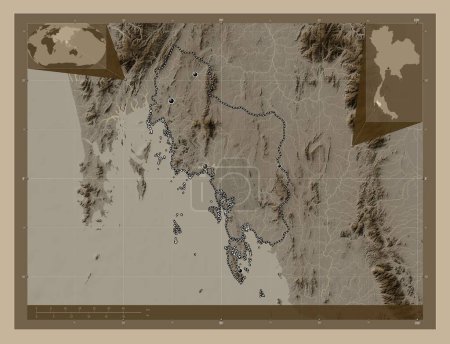 Photo for Krabi, province of Thailand. Elevation map colored in sepia tones with lakes and rivers. Locations of major cities of the region. Corner auxiliary location maps - Royalty Free Image