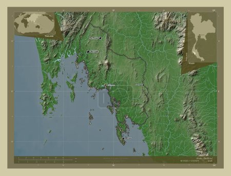 Photo for Krabi, province of Thailand. Elevation map colored in wiki style with lakes and rivers. Locations and names of major cities of the region. Corner auxiliary location maps - Royalty Free Image