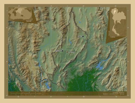 Photo for Lampang, province of Thailand. Colored elevation map with lakes and rivers. Locations and names of major cities of the region. Corner auxiliary location maps - Royalty Free Image