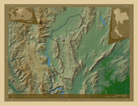 Photo for Lamphun, province of Thailand. Colored elevation map with lakes and rivers. Locations and names of major cities of the region. Corner auxiliary location maps - Royalty Free Image