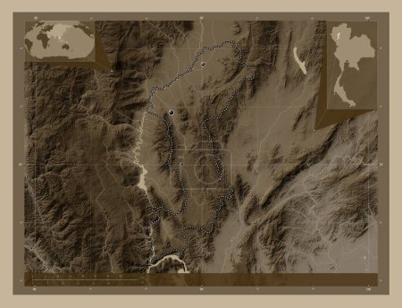 Photo for Lamphun, province of Thailand. Elevation map colored in sepia tones with lakes and rivers. Locations of major cities of the region. Corner auxiliary location maps - Royalty Free Image
