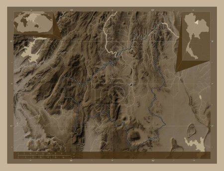 Photo for Loei, province of Thailand. Elevation map colored in sepia tones with lakes and rivers. Corner auxiliary location maps - Royalty Free Image