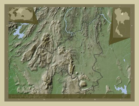 Téléchargez les photos : Loei, province de Thaïlande. Carte d'altitude colorée dans le style wiki avec des lacs et des rivières. Corner cartes de localisation auxiliaires - en image libre de droit
