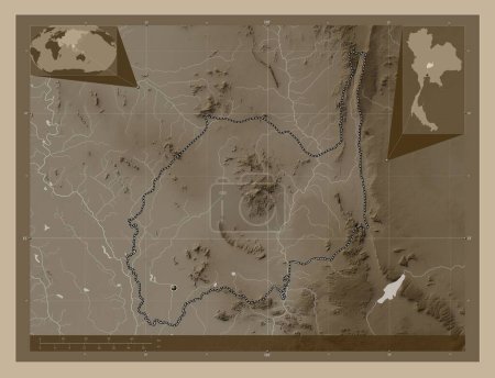 Photo for Lop Buri, province of Thailand. Elevation map colored in sepia tones with lakes and rivers. Corner auxiliary location maps - Royalty Free Image