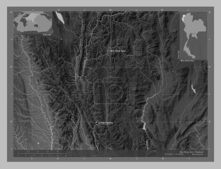 Foto de Mae Hong Son, province of Thailand. Grayscale elevation map with lakes and rivers. Locations and names of major cities of the region. Corner auxiliary location maps - Imagen libre de derechos