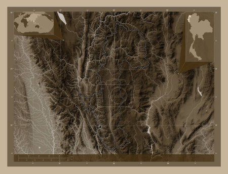 Foto de Mae Hong Son, province of Thailand. Elevation map colored in sepia tones with lakes and rivers. Locations of major cities of the region. Corner auxiliary location maps - Imagen libre de derechos