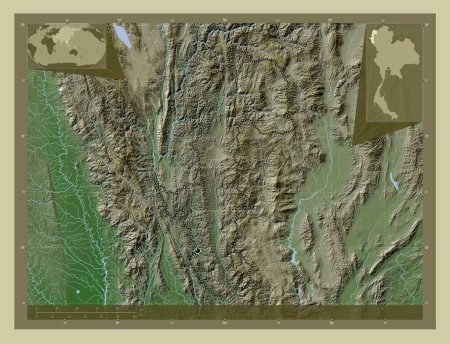 Foto de Mae Hong Son, province of Thailand. Elevation map colored in wiki style with lakes and rivers. Locations of major cities of the region. Corner auxiliary location maps - Imagen libre de derechos