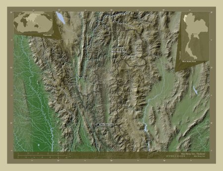 Foto de Mae Hong Son, province of Thailand. Elevation map colored in wiki style with lakes and rivers. Locations and names of major cities of the region. Corner auxiliary location maps - Imagen libre de derechos