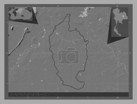 Téléchargez les photos : Maha Sarakham, province of Thailand. Bilevel elevation map with lakes and rivers. Corner auxiliary location maps - en image libre de droit