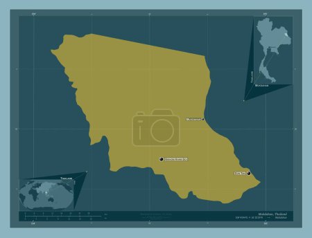 Téléchargez les photos : Mukdahan, province of Thailand. Solid color shape. Locations and names of major cities of the region. Corner auxiliary location maps - en image libre de droit