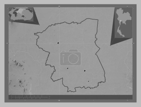 Photo for Nakhon Pathom, province of Thailand. Grayscale elevation map with lakes and rivers. Locations of major cities of the region. Corner auxiliary location maps - Royalty Free Image
