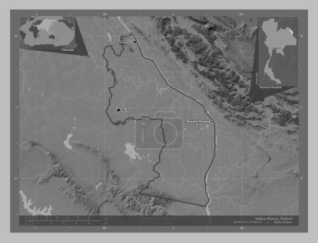 Téléchargez les photos : Nakhon Phanom, province of Thailand. Grayscale elevation map with lakes and rivers. Locations and names of major cities of the region. Corner auxiliary location maps - en image libre de droit