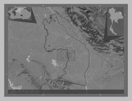 Téléchargez les photos : Nakhon Phanom, province of Thailand. Grayscale elevation map with lakes and rivers. Locations of major cities of the region. Corner auxiliary location maps - en image libre de droit
