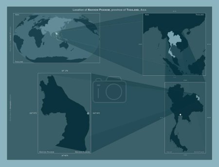 Photo for Nakhon Phanom, province of Thailand. Diagram showing the location of the region on larger-scale maps. Composition of vector frames and PNG shapes on a solid background - Royalty Free Image