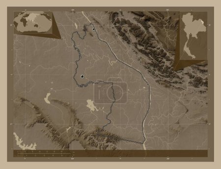 Téléchargez les photos : Nakhon Phanom, province of Thailand. Elevation map colored in sepia tones with lakes and rivers. Locations of major cities of the region. Corner auxiliary location maps - en image libre de droit