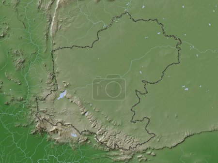 Téléchargez les photos : Nakhon Ratchasima, province de Thaïlande. Carte d'altitude colorée dans le style wiki avec des lacs et des rivières - en image libre de droit
