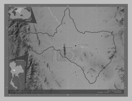 Foto de Nakhon Sawan, province of Thailand. Grayscale elevation map with lakes and rivers. Locations and names of major cities of the region. Corner auxiliary location maps - Imagen libre de derechos