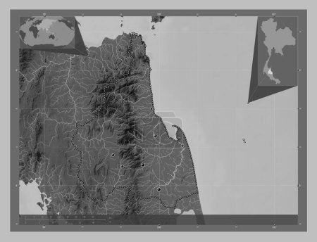 Foto de Nakhon Si Thammarat, province of Thailand. Grayscale elevation map with lakes and rivers. Locations of major cities of the region. Corner auxiliary location maps - Imagen libre de derechos