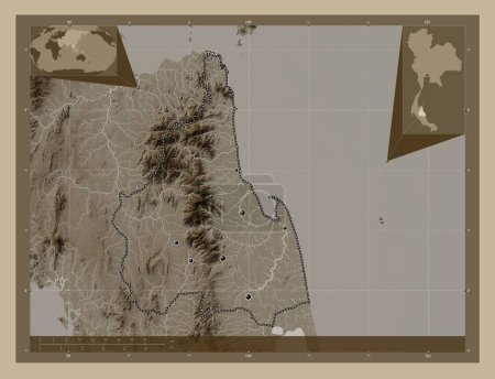 Photo for Nakhon Si Thammarat, province of Thailand. Elevation map colored in sepia tones with lakes and rivers. Locations of major cities of the region. Corner auxiliary location maps - Royalty Free Image