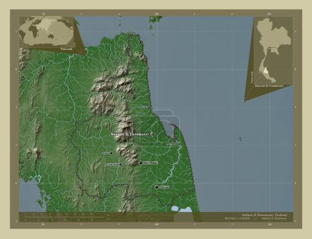 Foto de Nakhon Si Thammarat, provincia de Tailandia. Mapa de elevación coloreado en estilo wiki con lagos y ríos. Ubicaciones y nombres de las principales ciudades de la región. Mapas de ubicación auxiliares de esquina - Imagen libre de derechos