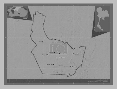 Photo for Nonthaburi, province of Thailand. Grayscale elevation map with lakes and rivers. Locations and names of major cities of the region. Corner auxiliary location maps - Royalty Free Image