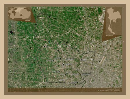 Foto de Nonthaburi, province of Thailand. Low resolution satellite map. Locations and names of major cities of the region. Corner auxiliary location maps - Imagen libre de derechos