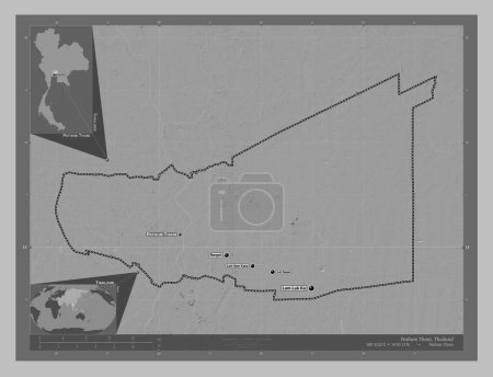 Téléchargez les photos : Pathum Thani, province of Thailand. Grayscale elevation map with lakes and rivers. Locations and names of major cities of the region. Corner auxiliary location maps - en image libre de droit