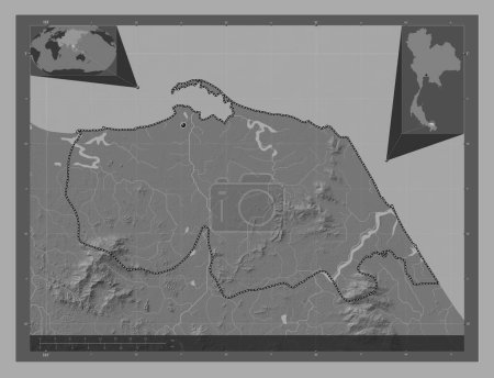 Téléchargez les photos : Pattani, province of Thailand. Bilevel elevation map with lakes and rivers. Corner auxiliary location maps - en image libre de droit