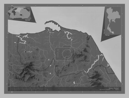 Photo for Pattani, province of Thailand. Grayscale elevation map with lakes and rivers. Locations and names of major cities of the region. Corner auxiliary location maps - Royalty Free Image