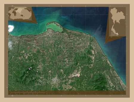 Foto de Pattani, provincia de Tailandia. Mapa satelital de baja resolución. Ubicaciones de las principales ciudades de la región. Mapas de ubicación auxiliares de esquina - Imagen libre de derechos