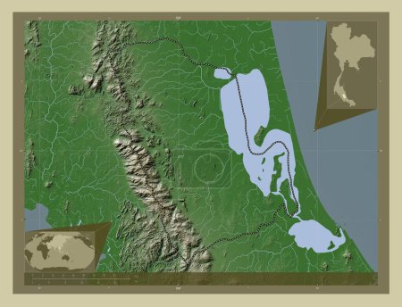 Téléchargez les photos : Phatthalung, province of Thailand. Elevation map colored in wiki style with lakes and rivers. Corner auxiliary location maps - en image libre de droit