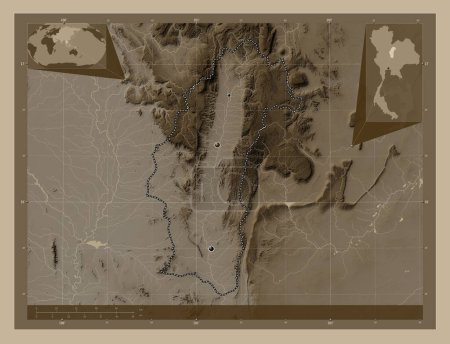 Photo for Phetchabun, province of Thailand. Elevation map colored in sepia tones with lakes and rivers. Locations of major cities of the region. Corner auxiliary location maps - Royalty Free Image