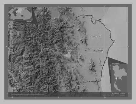 Foto de Phetchaburi, provincia de Tailandia. Mapa de elevación a escala de grises con lagos y ríos. Ubicaciones y nombres de las principales ciudades de la región. Mapas de ubicación auxiliares de esquina - Imagen libre de derechos